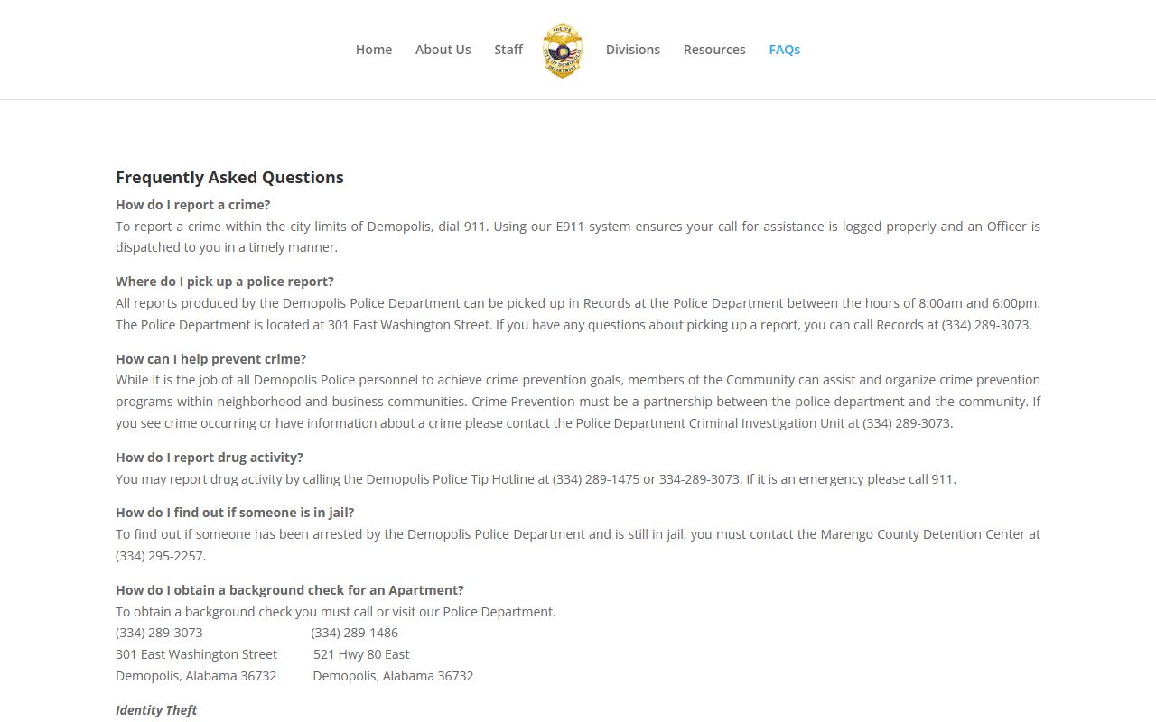 Demopolis Police FAQ routing arrest status to Marengo County jail