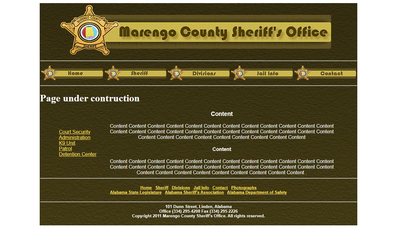Marengo County detention center page with no online inmate roster located