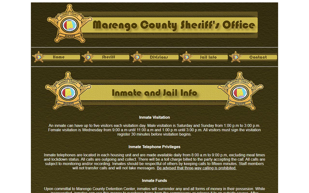 Marengo County jail information page for inmate visitation and funds