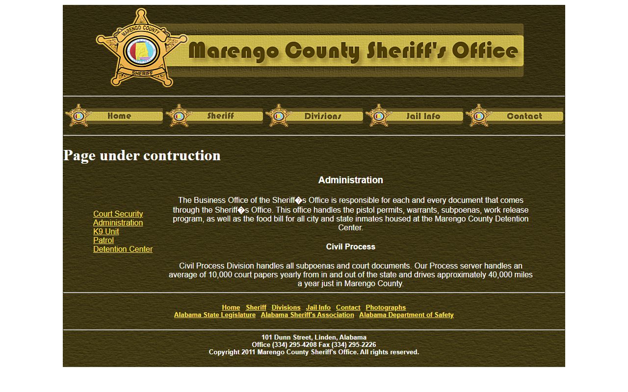 Marengo County Sheriff's Office administration page for warrants and work release context